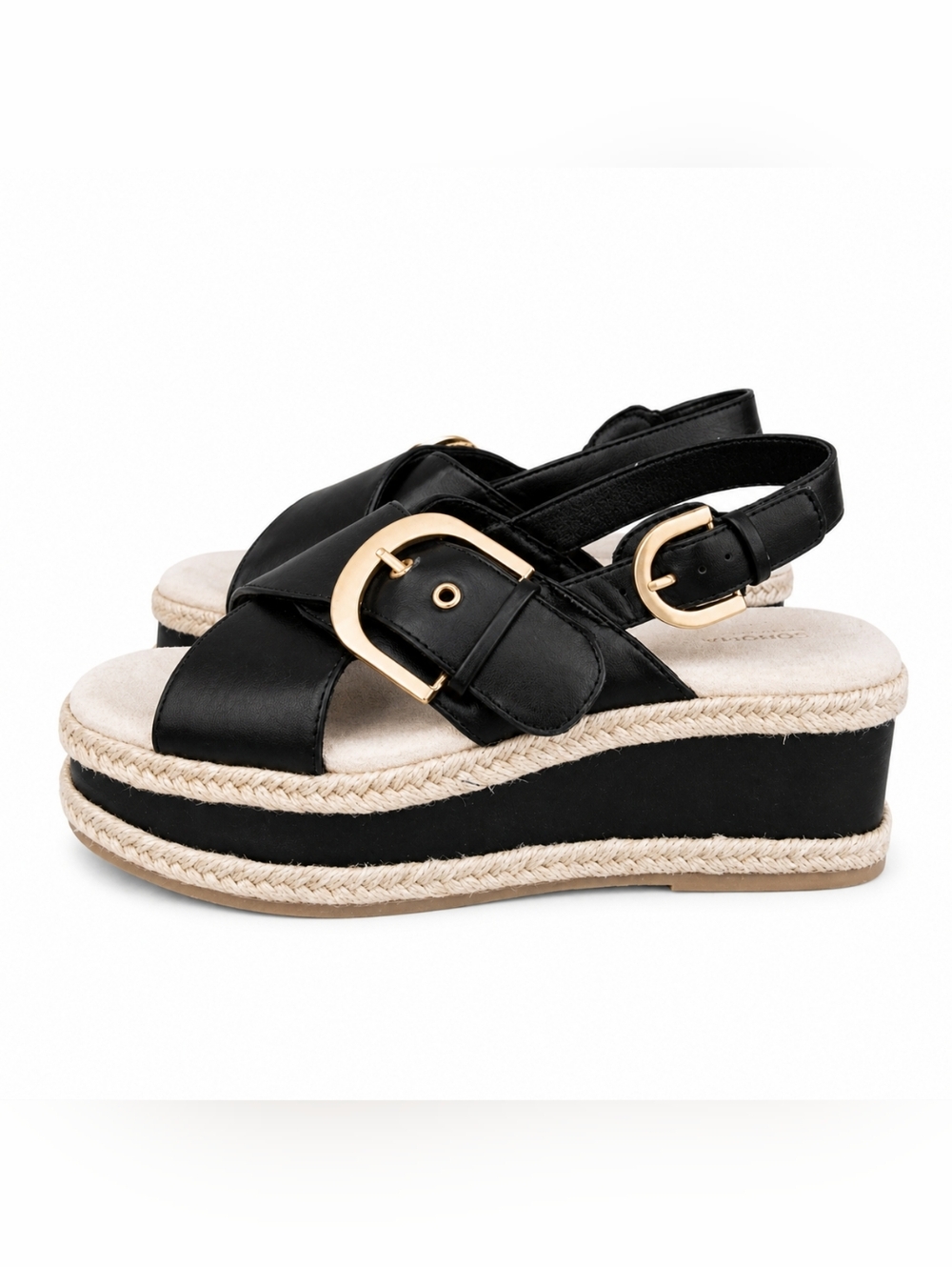Sonoma Black Platform Sandals Size 7 Gold Buckle Espadrille Wedge Casual Chic - Picture 6 of 13